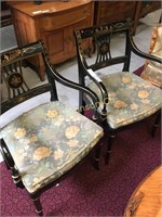 BLACK ARMCHAIRS W/ASIAN MOTIF AND PADDED SEATS