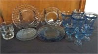 13 PCS ASSORTED GLASSWARE:  PLATES, BLUE STEMWARE
