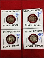 Four Silver Mercury Dimes