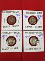 Four Silver Mercury Dimes