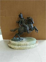 Horse and rider metal figurine with marble base