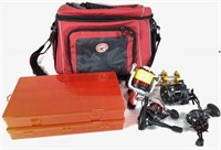 SOFT TACKLE BOX & FIVE FISHING REELS