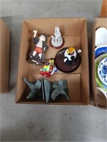 Box of glass clown figurines and book ends