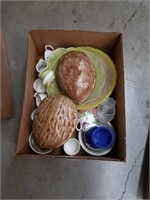 Box of cups and walnut covered dish