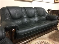 EUROPEAN OAK FRAME GREEN LEATHER SOFA