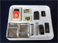 TRAY: ASSORTED LIGHTERS AND CIGARETTE POUCH