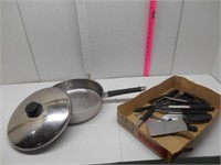 Large Fry Pan, Lid, and Knives