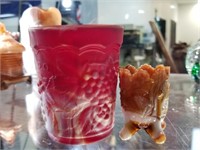 2PC SLAG GLASS RED CUP AND TOOTHPICK HOLDER
