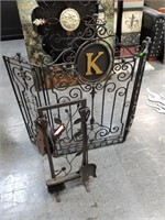 2 PC FIREPLACE LOT, IRON SCREEN AND TOOLS SET