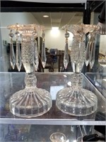 2PC VTG GLASS LUSTRES CANDLE HOLDERS