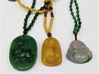 3PC CARVED CHINESE STONE NECKLACES BUDDHA MORE