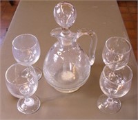 Vtg Glass Decanter & 4 Wine Glasses