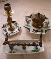 Vtg Guardian Angel Brass & Porcelain Set