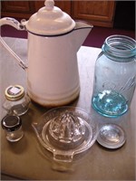 Vtg Blue Ball Jar, Juicer & Enamel Coffee Pot