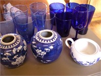 Blue Glassware & Porcelain Asian Vases