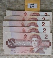 Lot of 5 Canadian $2 Bills, 1986