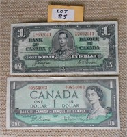 2 Canadian Dollar Bills - 1937, 1954