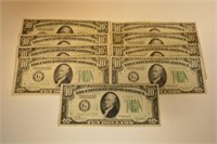 Lot Of 9 1935 & 1928 $10.00 Bills