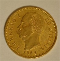 1882-R 20 Lire Italian Gold Coin XF-AU