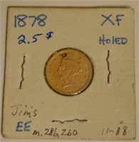 1878 $2.50 US Quarter Eagle Gold Coin Has Hole