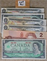 Lot of 5 Canadian $1 Bills, and 1 $2 Bills