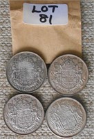 4 Canadian Silver Half Dollars - 41, 49, 52, 57