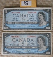 2 Canadian $5 Bills, 1954