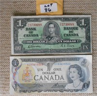 2 Canadian Dollar Bills - 1937, 1973