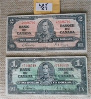 2 Canadian Bills - 1937 $1, 1937 $2