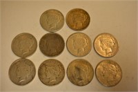 Lot Of 10 Mixed Date Peace Silver Dollars