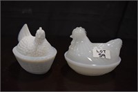 2 White Milk Glass Hen On Nests