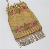Large Beaded Handbag w Rose Design & Beaded Fringe
