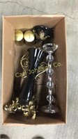 BOX W/PAIR OF CANDLE HOLDERS + CANDLESTICK HOLDER