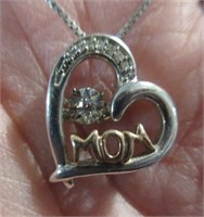 10k & sterling diamond "mom" pendant & chain