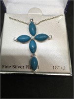 18 inch Silver Plated Turquoise 5 Stone Look Cross
