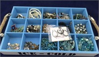 Wooden Box of Various Types of Costume Jewelry