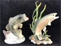 2 Porcelain Fish Sculptures - Bass & Rainbow Trout