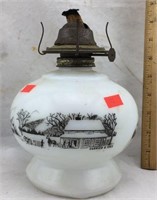 Vintage Milk Glass Currier & Ives Oil Lamp