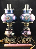 Pair of Blue Glass Hurricane Lamps with Floral