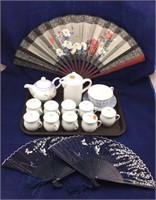 Chinese Hand Fans, Teapot, Small Jars