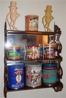 Shelf w/7 collectible Mr. Peanut Tins