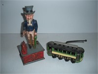 Cast Iron Uncle Sam Bank-Cast Iron Trolley 2 Pcs