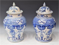 (2) CHINESE BLUE & WHITE PORCELAIN COVERED JARS
