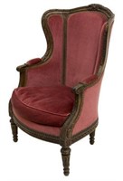 FRENCH LOUIS XVI STYLE CARVED WALNUT BERGERE CHAIR