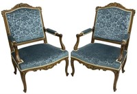 2) LOUIS XV STYLE PARCEL GILT CARVED WALNUT CHAIRS