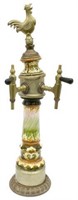 ANTIQUE BRASS & PORCELAIN ROOSTER DOUBLE BEER TAP