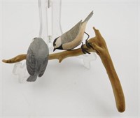 Lot #33 - Two carved Chickadee's on on a branch