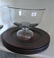 Glass Pedestal Bowl & Six Leather Look Chargers