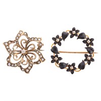 A Pair of Art Nouveau Enamel, Pearl & Diamond Pins