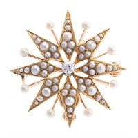A Lady's Seed Pearl & Diamond Starburst Pin